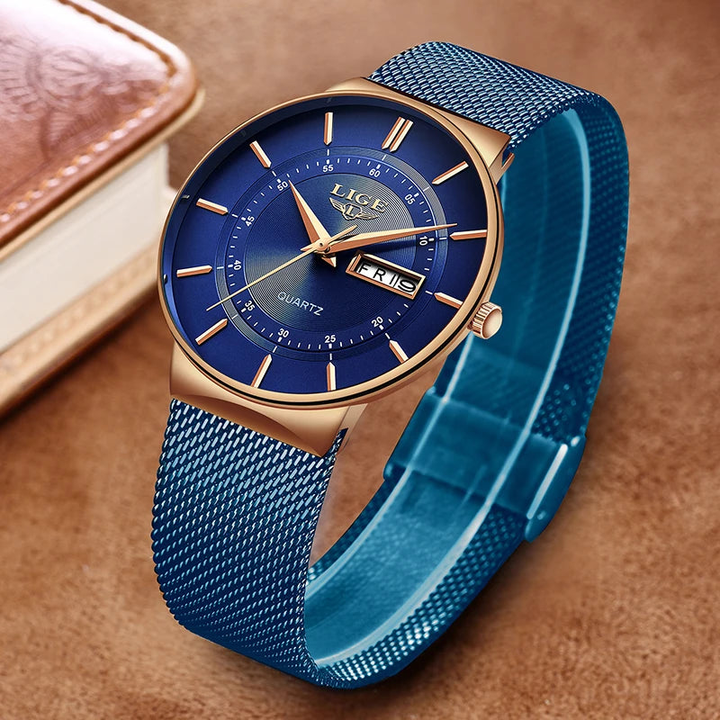 Montre Homme LIGE 9949 — Quartz Ultra-Fine, Bracelet Acier Inox, Date & Semaine, 3 ATM