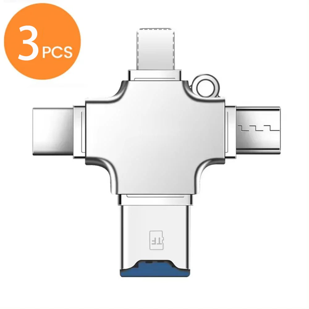 Lecteur de cartes multi-ports 4 en 1, convertisseur portable Lightning USB Type C compatible avec iPhone, iPad, Android, Mac, PC, appareil photo