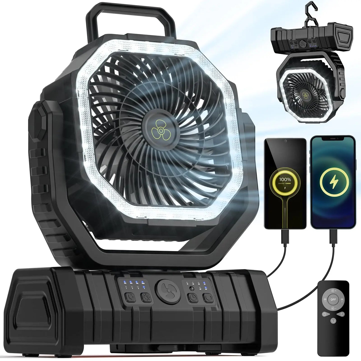 Ventilateur Camping 20 000mAh — LED 3 Niveaux, 4 Vitesses, Télécommande & Powerbank Intégré