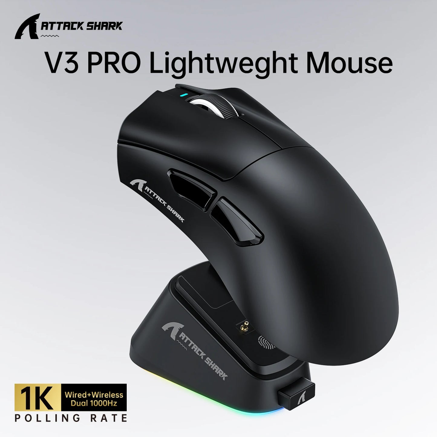 Souris de jeu sans fil Attack Shark V3 PRO, tri-mode 2.4G/BT/filaire, ultra-légère, PAW3311, 26000 DPI