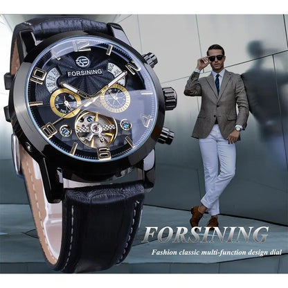 Montre Mécanique Automatique Homme FORSINING — Tourbillon, Boîtier Rond Acier 46 mm, Bracelet Cuir, Calendrier | TechNova X
