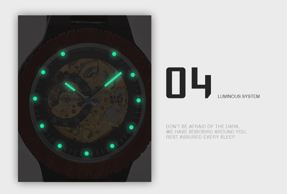 Montre Mécanique en Bois Homme BOBO BIRD — Squelette Lumineux, Étanche 3 ATM, Gravure Personnalisée, 6 Modèles | TechNova X