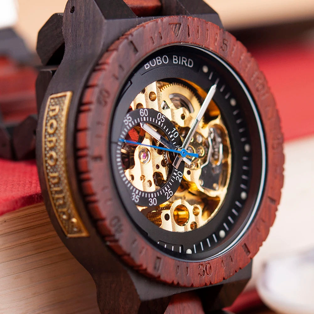 Montre Mécanique en Bois Homme BOBO BIRD — Squelette Lumineux, Étanche 3 ATM, Gravure Personnalisée, 6 Modèles | TechNova X