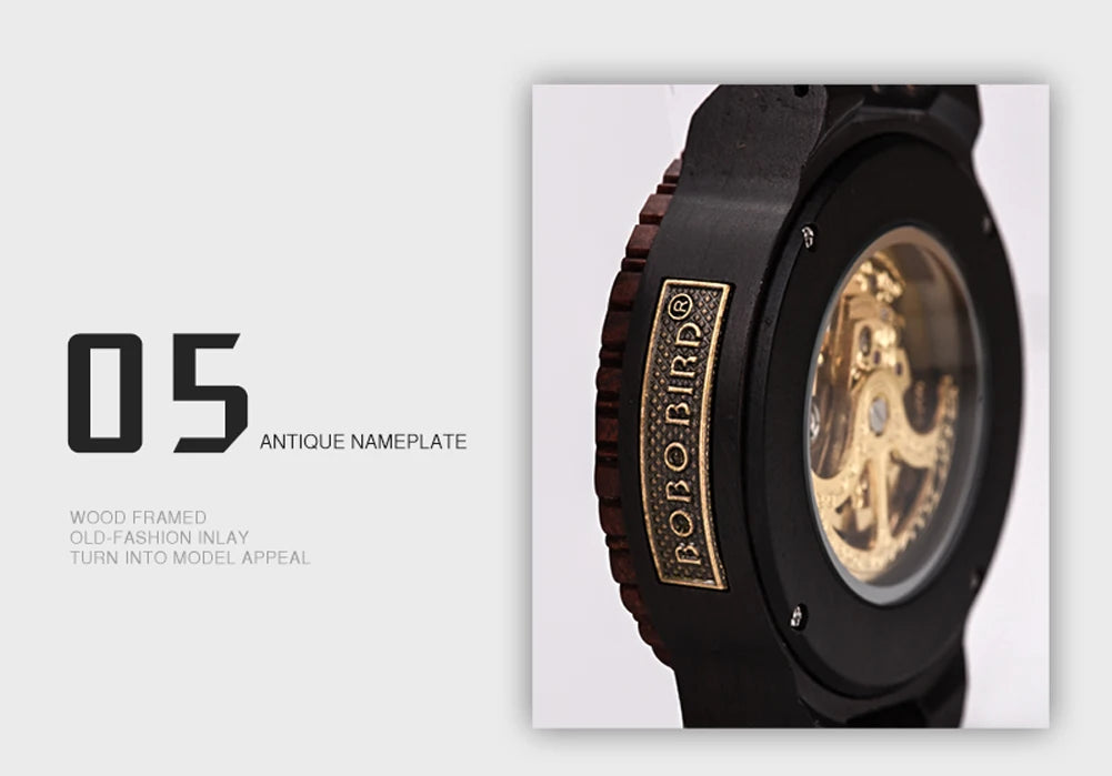 Montre Mécanique en Bois Homme BOBO BIRD — Squelette Lumineux, Étanche 3 ATM, Gravure Personnalisée, 6 Modèles | TechNova X