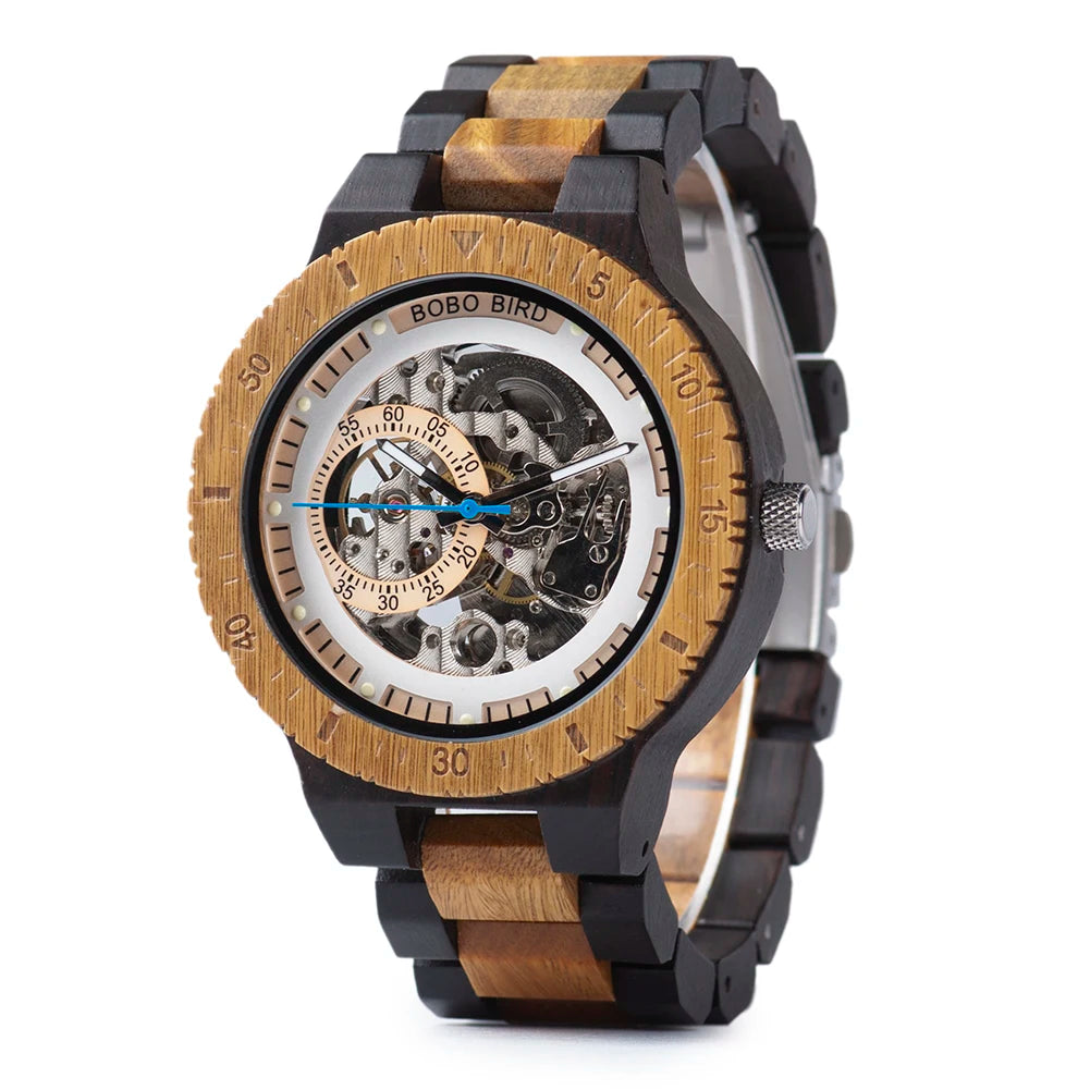 Montre Mécanique en Bois Homme BOBO BIRD — Squelette Lumineux, Étanche 3 ATM, Gravure Personnalisée, 6 Modèles | TechNova X