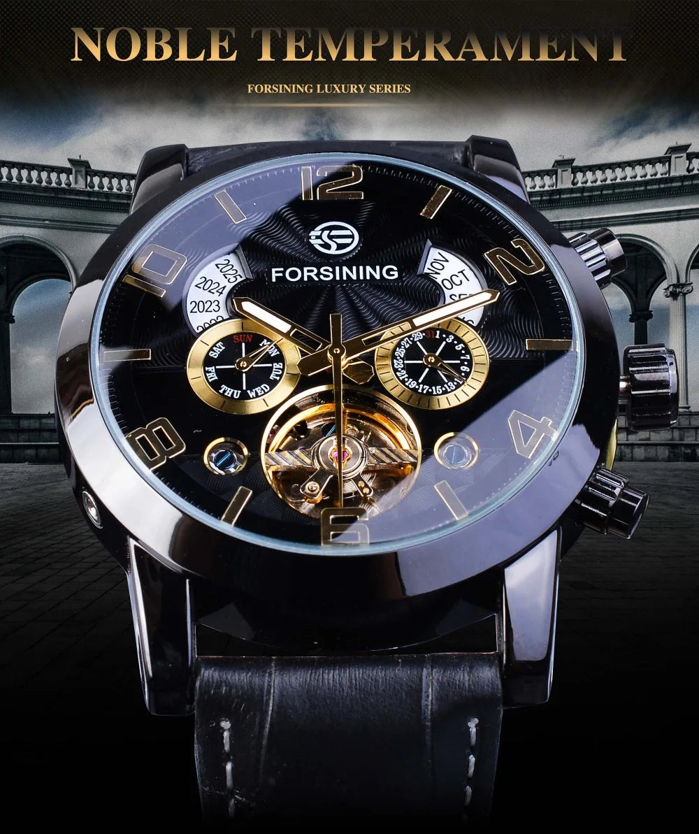 Montre Mécanique Automatique Homme FORSINING — Tourbillon, Boîtier Rond Acier 46 mm, Bracelet Cuir, Calendrier | TechNova X