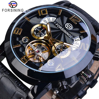 Montre Mécanique Automatique Homme FORSINING — Tourbillon, Boîtier Rond Acier 46 mm, Bracelet Cuir, Calendrier | TechNova X