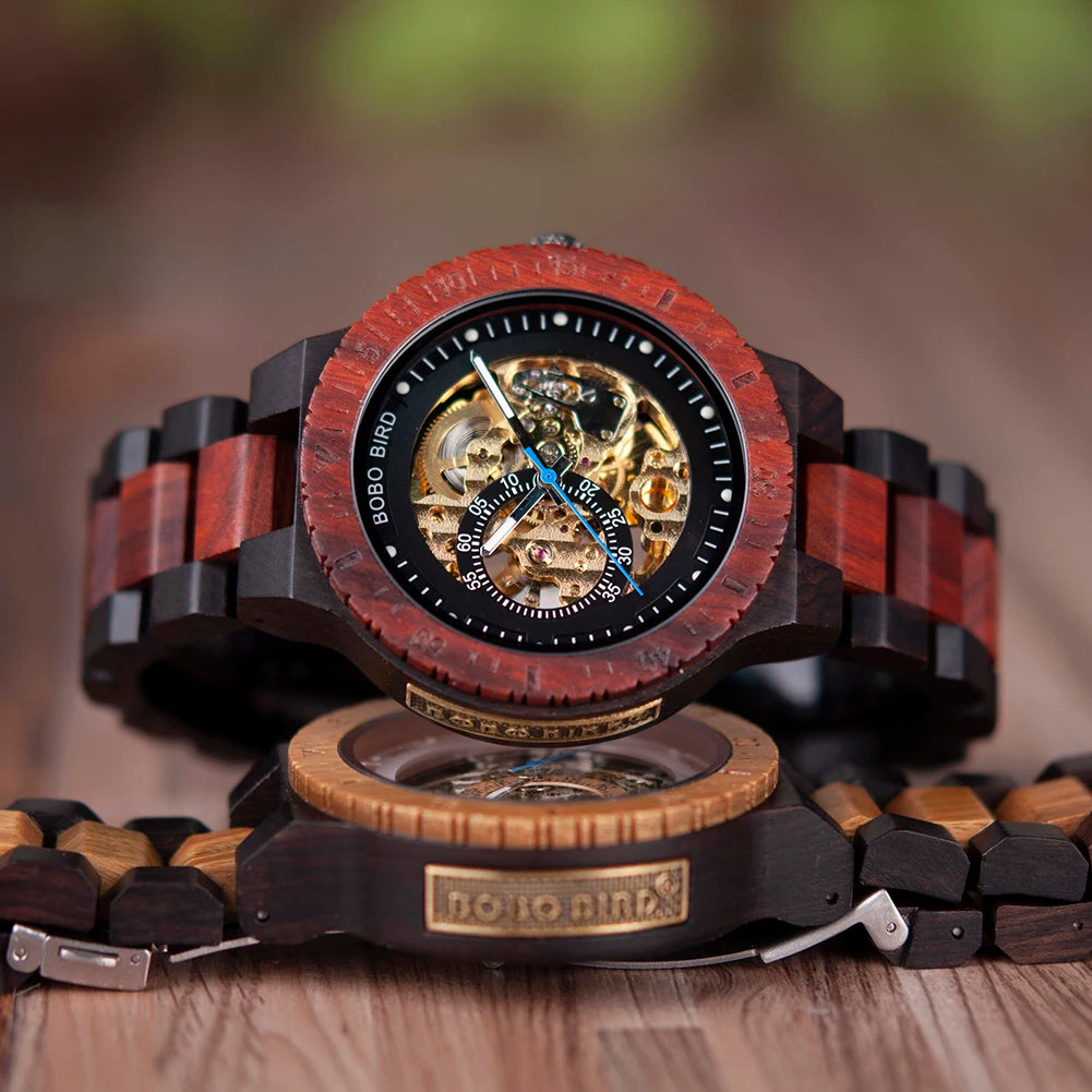 Montre Mécanique en Bois Homme BOBO BIRD — Squelette Lumineux, Étanche 3 ATM, Gravure Personnalisée, 6 Modèles | TechNova X