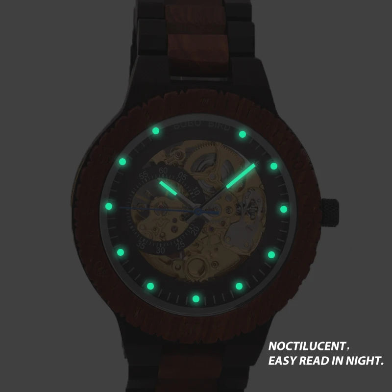 Montre Mécanique en Bois Homme BOBO BIRD — Squelette Lumineux, Étanche 3 ATM, Gravure Personnalisée, 6 Modèles | TechNova X