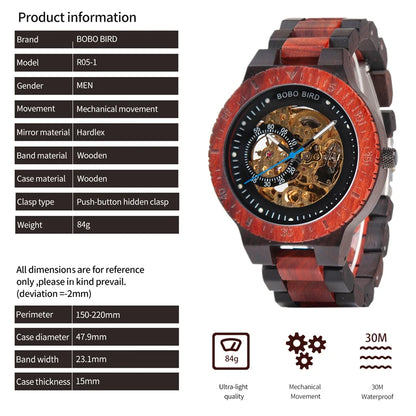 Montre Mécanique en Bois Homme BOBO BIRD — Squelette Lumineux, Étanche 3 ATM, Gravure Personnalisée, 6 Modèles | TechNova X