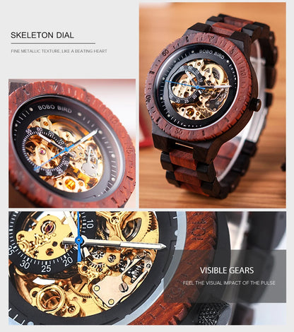 Montre Mécanique en Bois Homme BOBO BIRD — Squelette Lumineux, Étanche 3 ATM, Gravure Personnalisée, 6 Modèles | TechNova X