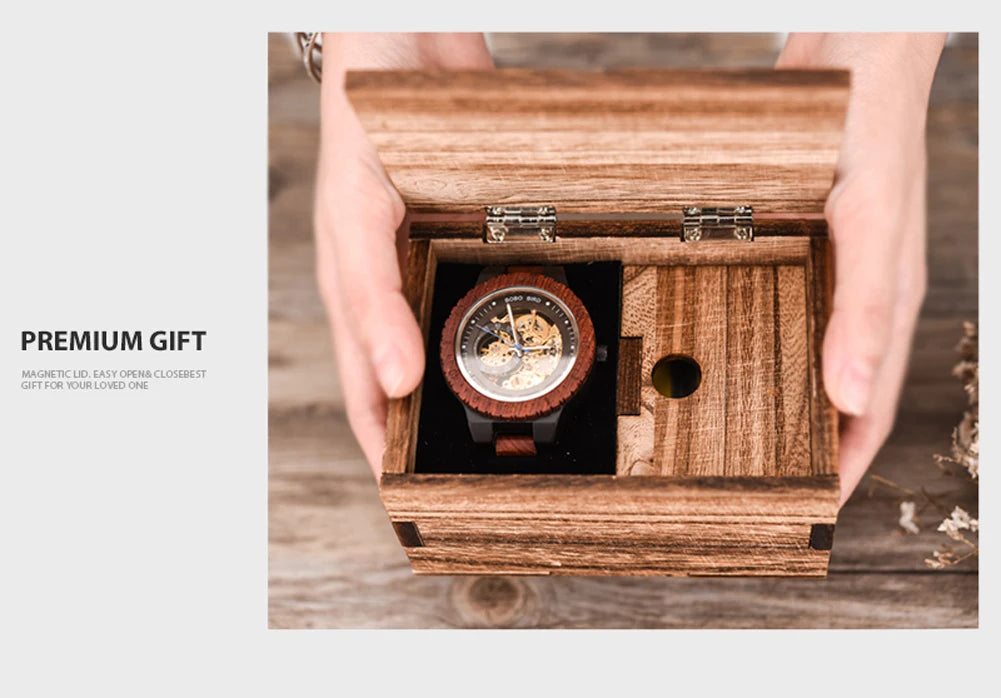 Montre Mécanique en Bois Homme BOBO BIRD — Squelette Lumineux, Étanche 3 ATM, Gravure Personnalisée, 6 Modèles | TechNova X
