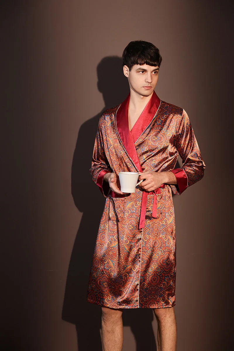 Kimono Peignoir Satin Imprimé Homme — Robe de Chambre avec Poches, Col en V