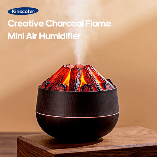 Humidificateur Design Bois Flamme Réaliste 300ml — LED Ambiance, 8-12h & USB Type-C