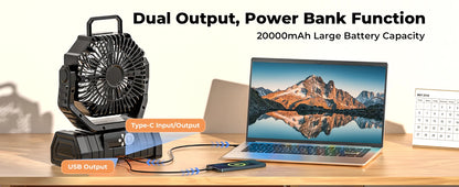 Ventilateur Camping 20 000mAh — LED 3 Niveaux, 4 Vitesses, Télécommande & Powerbank Intégré