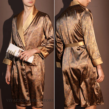 Kimono Peignoir Satin Imprimé Homme — Robe de Chambre avec Poches, Col en V