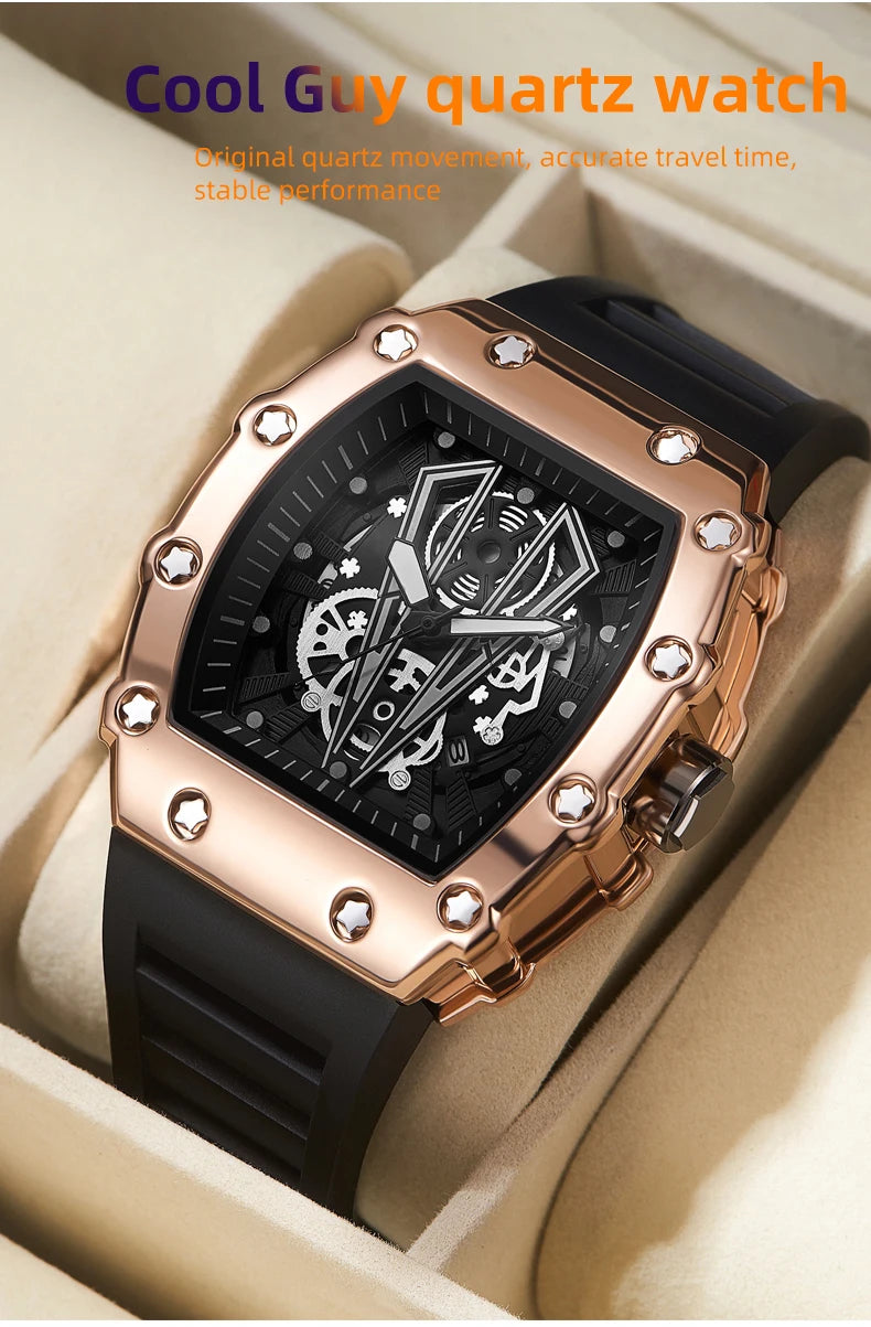 Montre Homme Quartz WLISTH — Cadran Squelette, Bracelet Silicone, 3 ATM, Style Sport Luxe