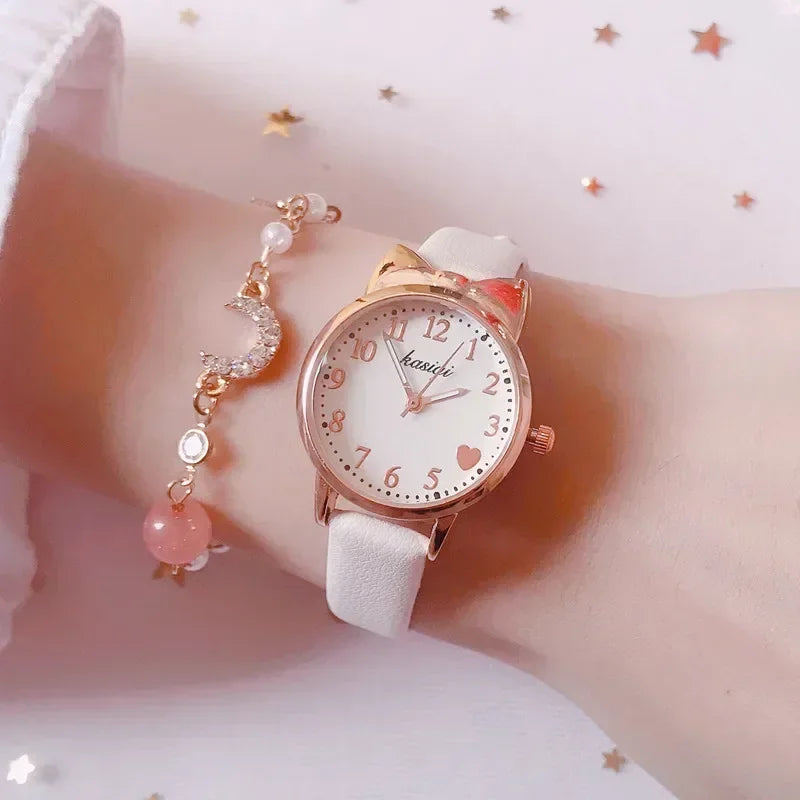 Montre Quartz Enfant Fille — Cadran Cœur, Bracelet Cuir, 5 Coloris + Option Bracelet Assorti | TechNova X