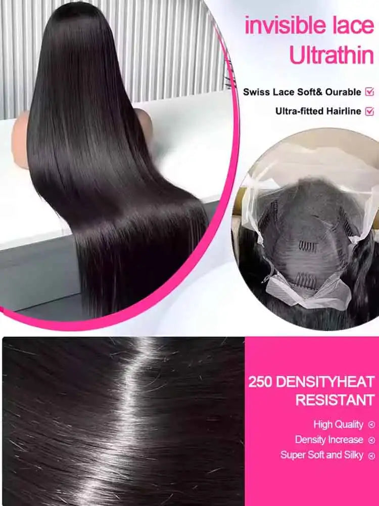 Perruque Cheveux Humains Lace Front HD — 13x4 / 13x6 / 5x5 | Densité 250% | 16-42 Pouces | Sans Colle