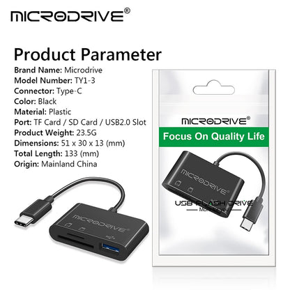 Type USB C HUB 3 en 1 pour carte mémoire/flash USB/adaptateur de carte SD/USB 2.0/3.0/lecteur de carte Micro Mini SD/carte TF 3 emplacements