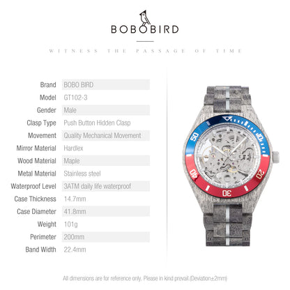 Montre Mécanique en Bois Homme BOBO BIRD — Squelette Lumineux, Étanche 3 ATM, Gravure Personnalisée, 6 Modèles | TechNova X