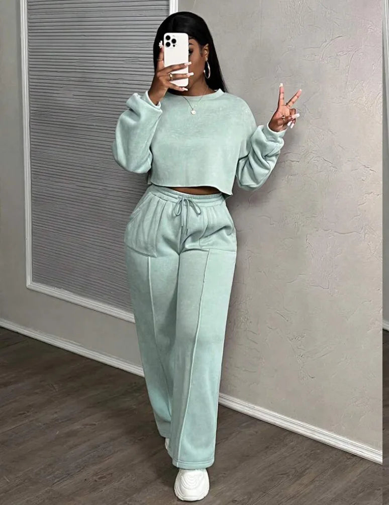 Ensemble deux pièces décontracté pour femme : Sweat-shirt ample à taille haute et pantalon droit – Collection Printemps-Automne