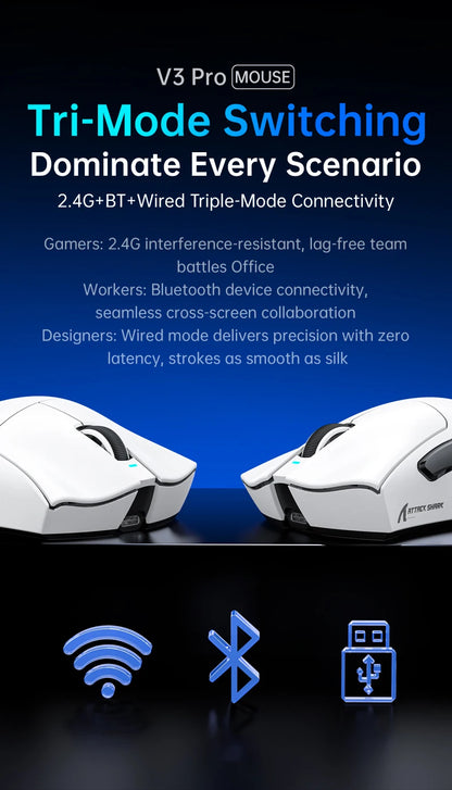 Souris de jeu sans fil Attack Shark V3 PRO, tri-mode 2.4G/BT/filaire, ultra-légère, PAW3311, 26000 DPI