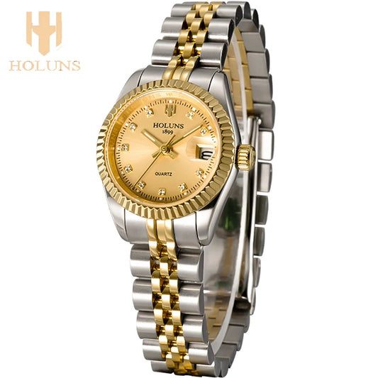 Montre Femme Luxe Diamant — Quartz Acier Inoxydable, Étanche 5 ATM