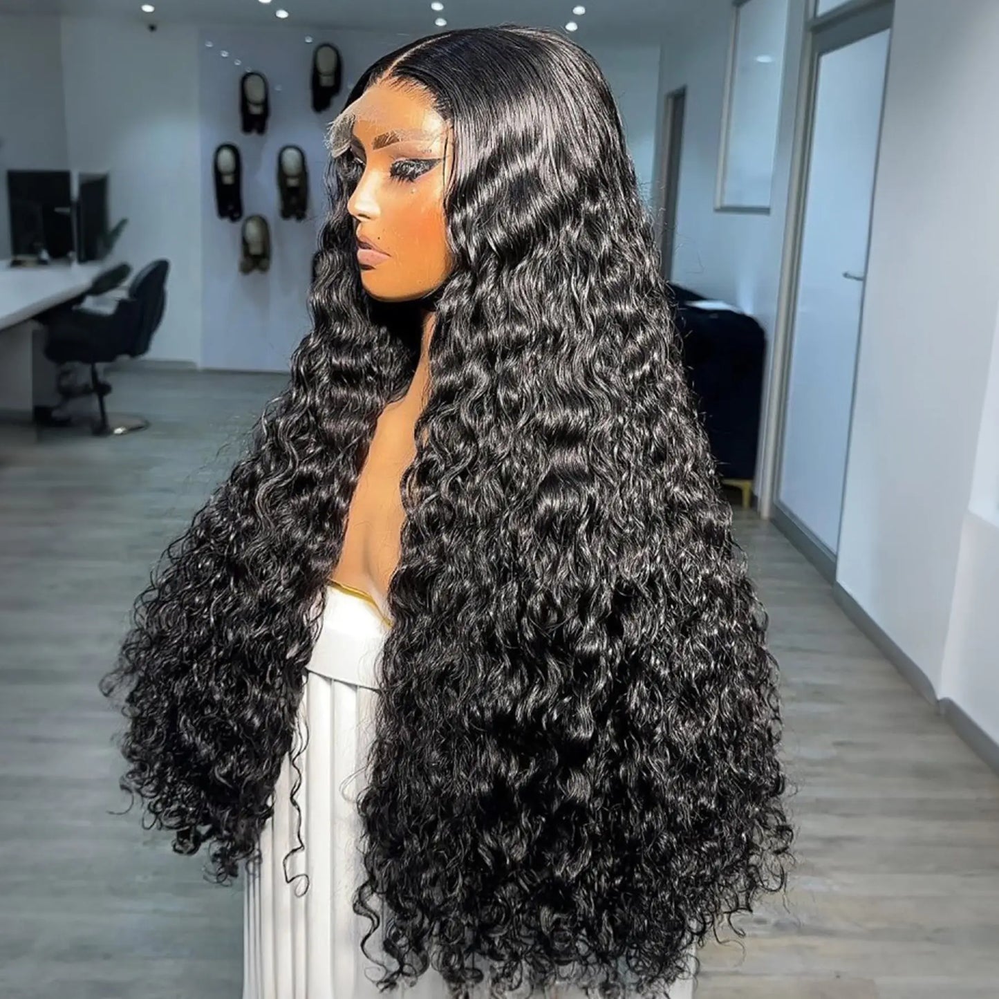 Perruque Lace Front Wig synthétique transparente, Deep Wave, douce, 13x4x1, pre-plucked, nœuds décolorés, sans colle, pour femmes noires, Cosplay, fête quotidienne