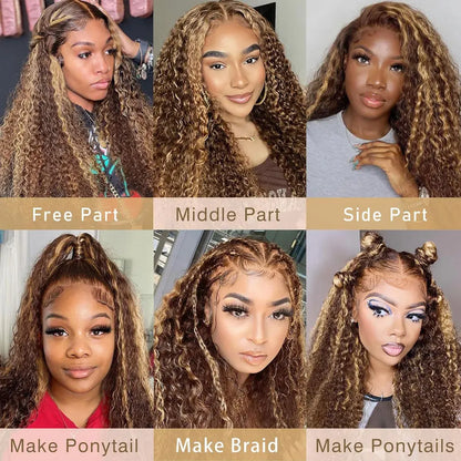 Perruque Lace Frontal Wig naturelle bouclée à reflets, cheveux humains, 13x4, sans colle, HD, Deep Wave, 4/27, colorée, pre-plucked