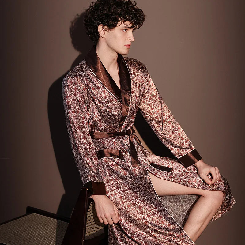 Kimono Peignoir Satin Imprimé Homme — Robe de Chambre avec Poches, Col en V