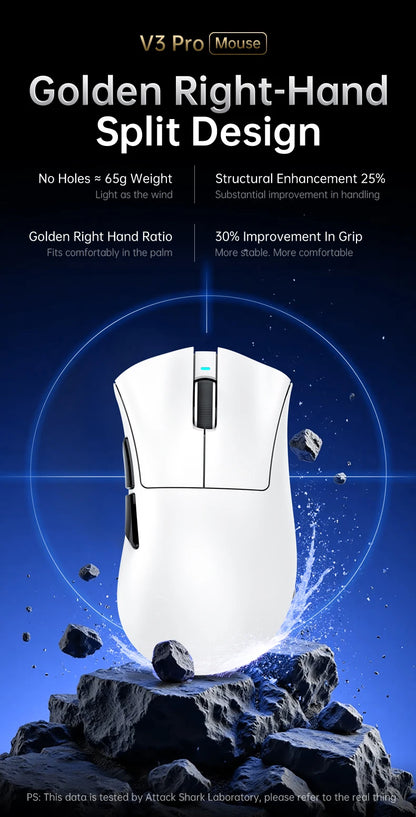 Souris de jeu sans fil Attack Shark V3 PRO, tri-mode 2.4G/BT/filaire, ultra-légère, PAW3311, 26000 DPI