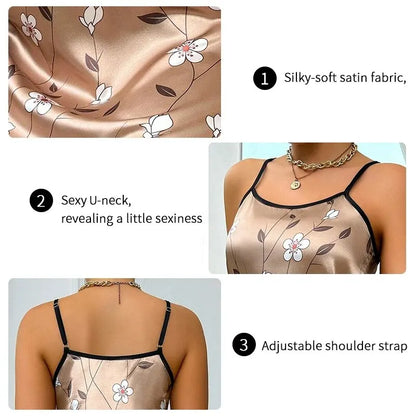 Robe de nuit en satin à imprimé floral pour femme, confortable, bretelles spaghetti, luxueuse, slip