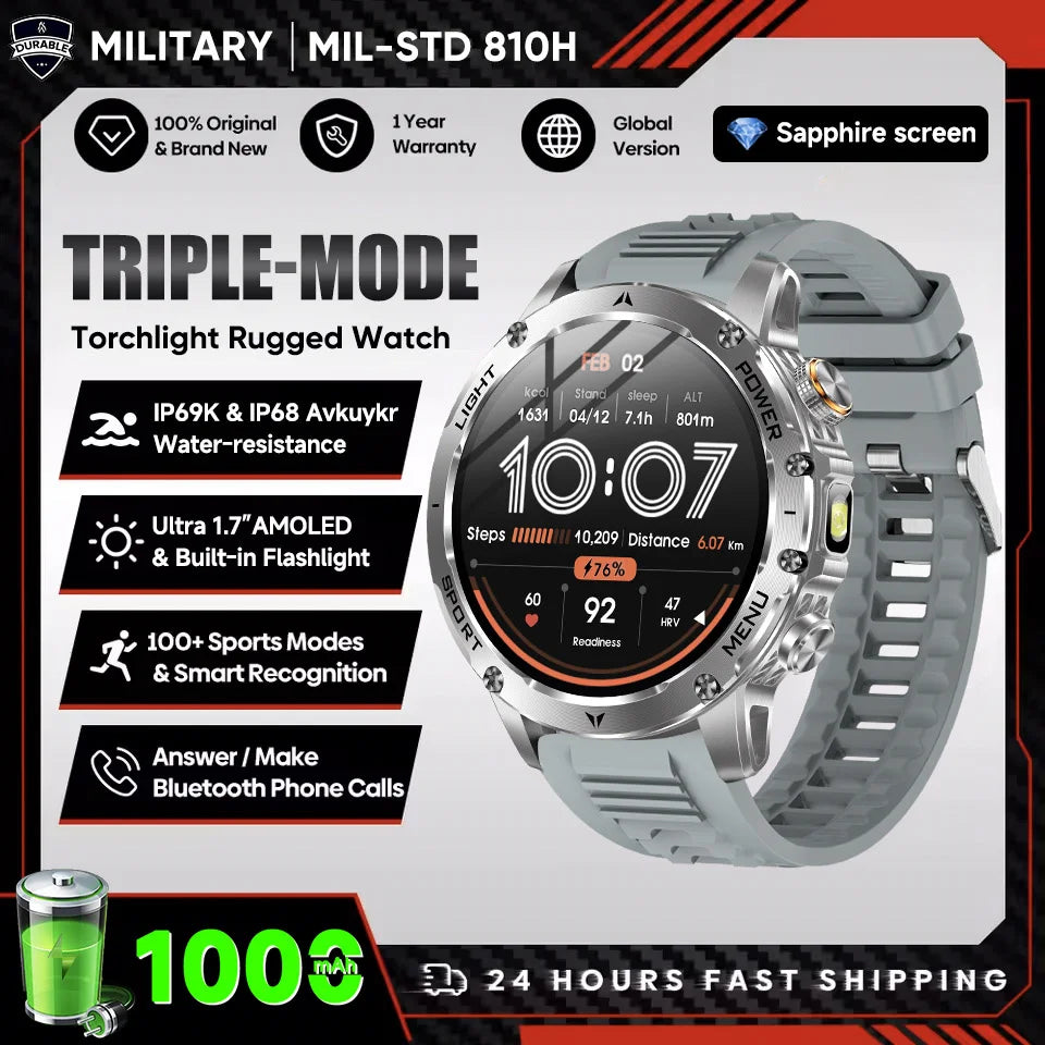 Montre Connectée Sport Militaire AK87 — AMOLED 1,7", GPS, NFC, Étanche IP68, Batterie 1000 mAh, 100 Jours | TechNova X