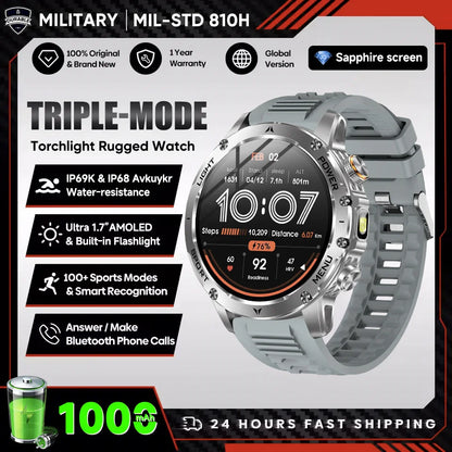 Montre Connectée Sport Militaire AK87 — AMOLED 1,7", GPS, NFC, Étanche IP68, Batterie 1000 mAh, 100 Jours | TechNova X