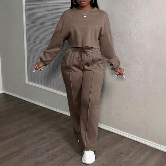 Ensemble deux pièces décontracté pour femme : Sweat-shirt ample à taille haute et pantalon droit – Collection Printemps-Automne