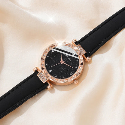 Coffret Bijoux Femme 5 Pièces Strass — Montre Quartz Cuir, Bague, Collier & Boucles d’Oreilles