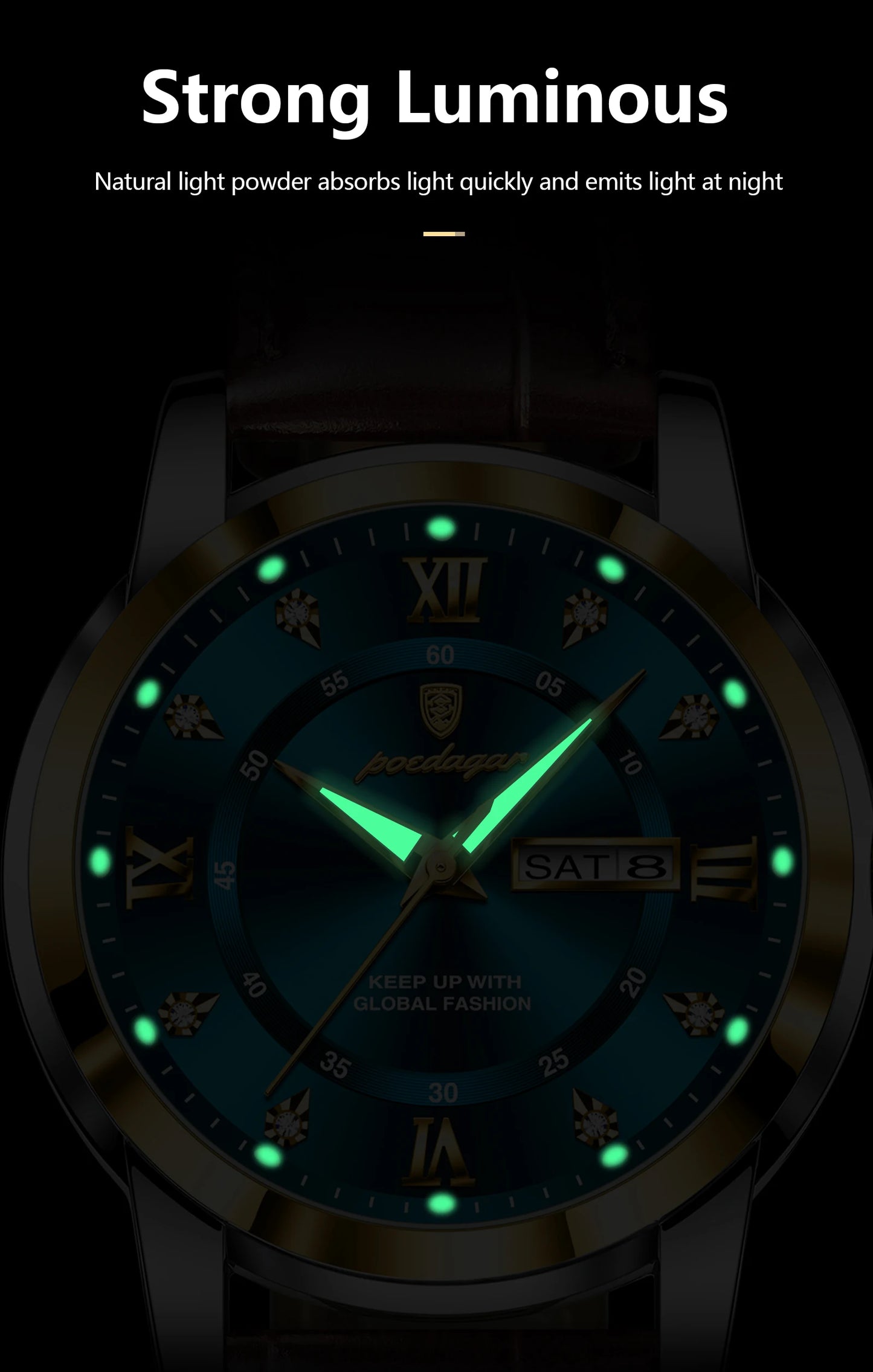 Montre Homme POEDAGAR 936L — Quartz, Bracelet Cuir, Lumineux, Date & Semaine