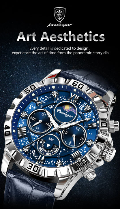 Montre Quartz Luxe Homme POEDAGAR 973 — Chronographe Lumineux, Verre Saphir, Bracelet Cuir, 3 ATM, 7 Coloris | TechNova X