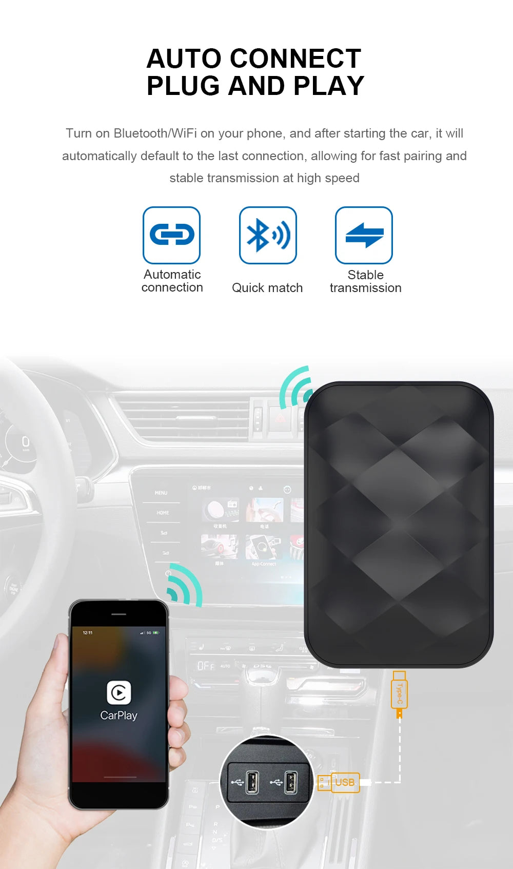 XUDA Android14 sans fil CarPlay/Android Auto 3in1 nouveau CarPlay Ai Box 4 cœurs 4GB RAM + 64GB ROM Plug and Play Transmission Stable