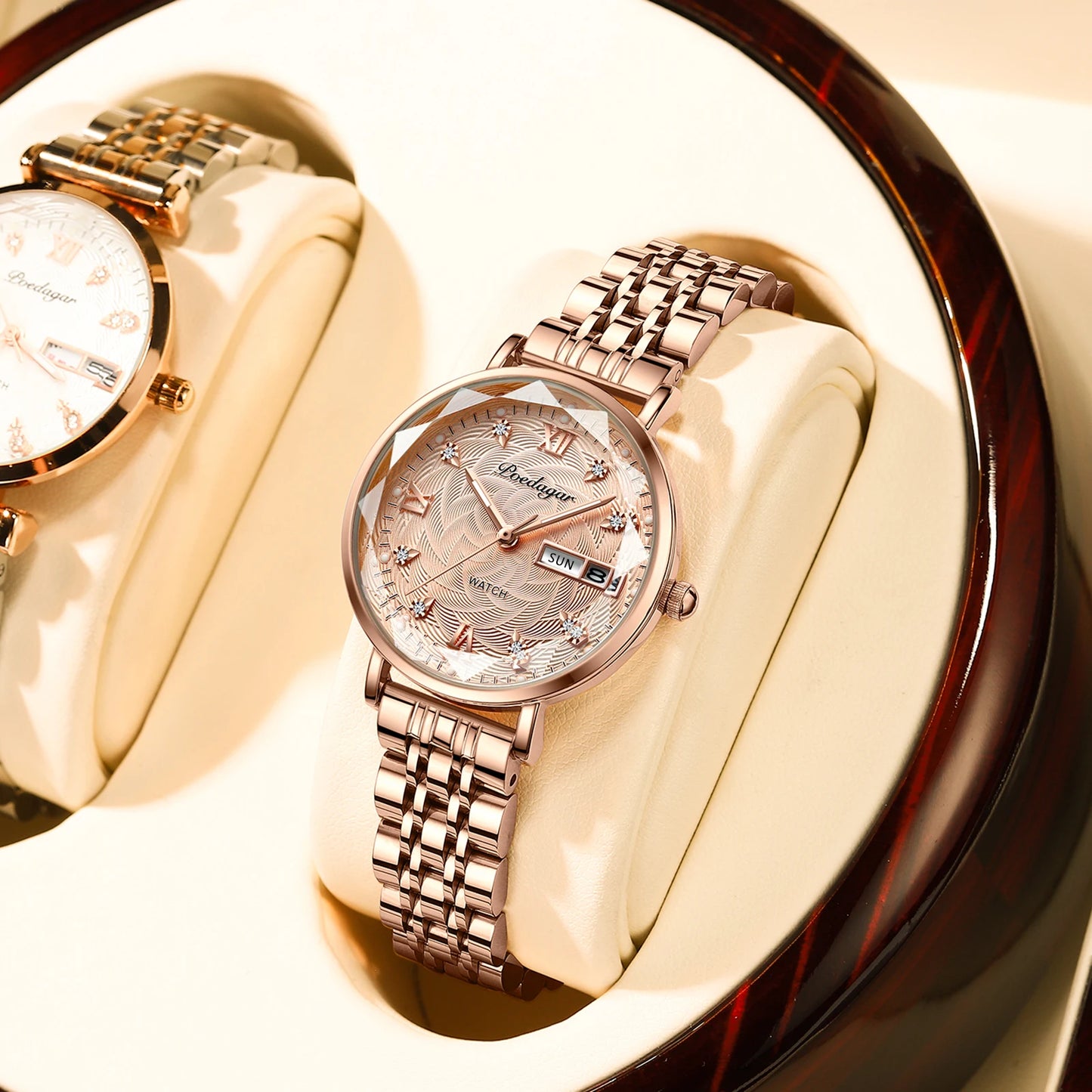Montre Femme Quartz POEDAGAR 3012 — Acier Inoxydable, Aiguilles Lumineuses, Date & Jour, 3 ATM