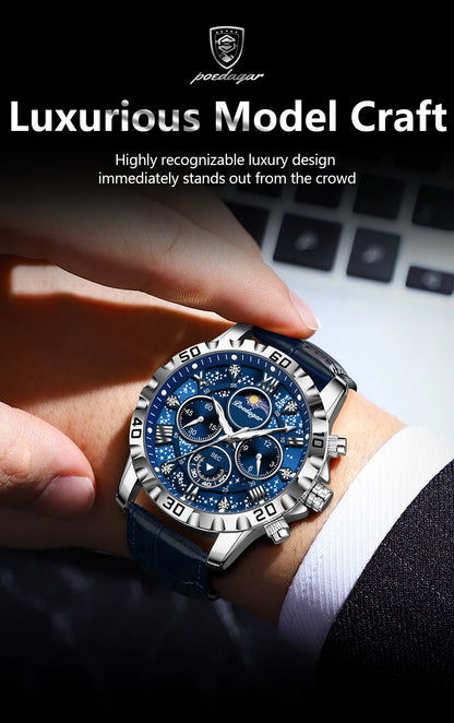 Montre Quartz Luxe Homme POEDAGAR 973 — Chronographe Lumineux, Verre Saphir, Bracelet Cuir, 3 ATM, 7 Coloris | TechNova X