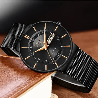 Montre Homme LIGE 9949 — Quartz Ultra-Fine, Bracelet Acier Inox, Date & Semaine, 3 ATM