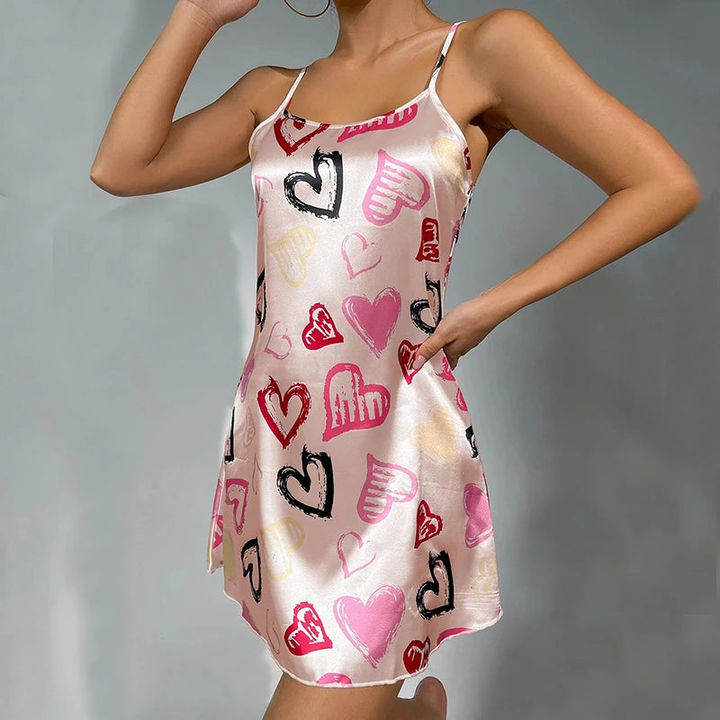 Robe de nuit en satin à imprimé floral pour femme, confortable, bretelles spaghetti, luxueuse, slip