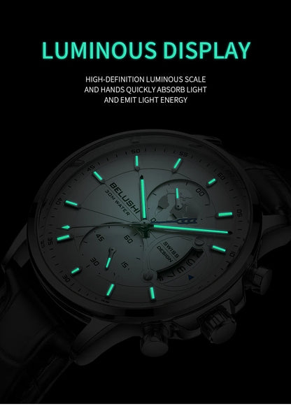 Montre Homme CHENXI B-576 — Chronographe Quartz, Bracelet Cuir, Aiguilles Lumineuses