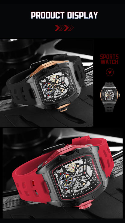 Montre Mécanique Homme Squelette — Boîtier Carré Acier, Automatique, Étanche 3 ATM, Bracelet Silicone | TechNova X
