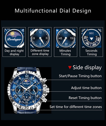 Montre Quartz Luxe Homme POEDAGAR 973 — Chronographe Lumineux, Verre Saphir, Bracelet Cuir, 3 ATM, 7 Coloris | TechNova X