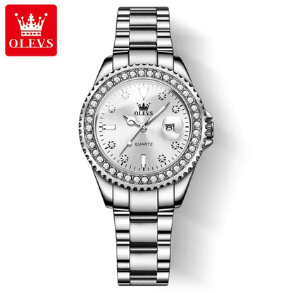 Montre Femme Quartz OLEVS 9945 — Cadran Diamant Lumineux, Acier Inoxydable, Date, 3 ATM