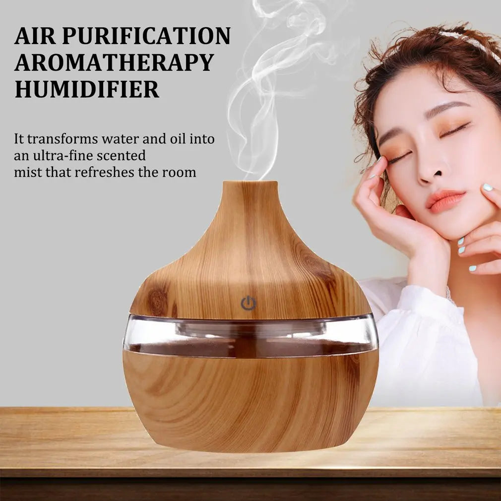 Humidificateur Ultrasonique 300ml Design Bois — LED 7 Couleurs, Commande Tactile & USB 5V
