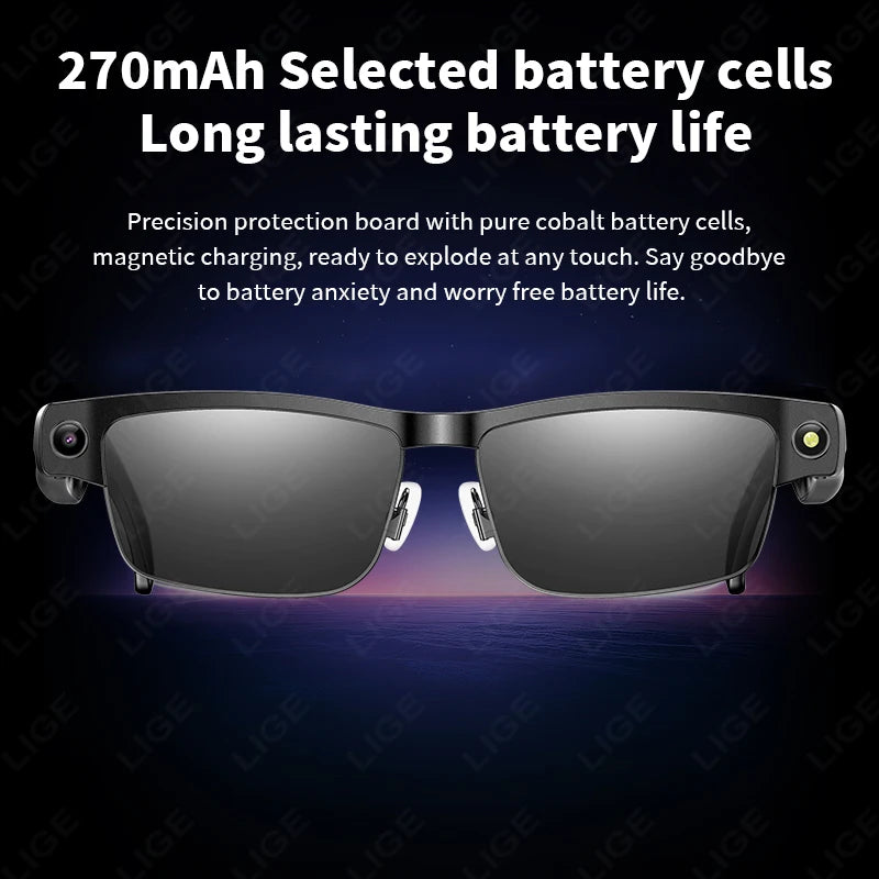 LIGE 800W HD Camera Smart Glasses 1200P HD Video Recording Chat Translation Voice Control Calling Sunglasses Color-Changing Lenses
